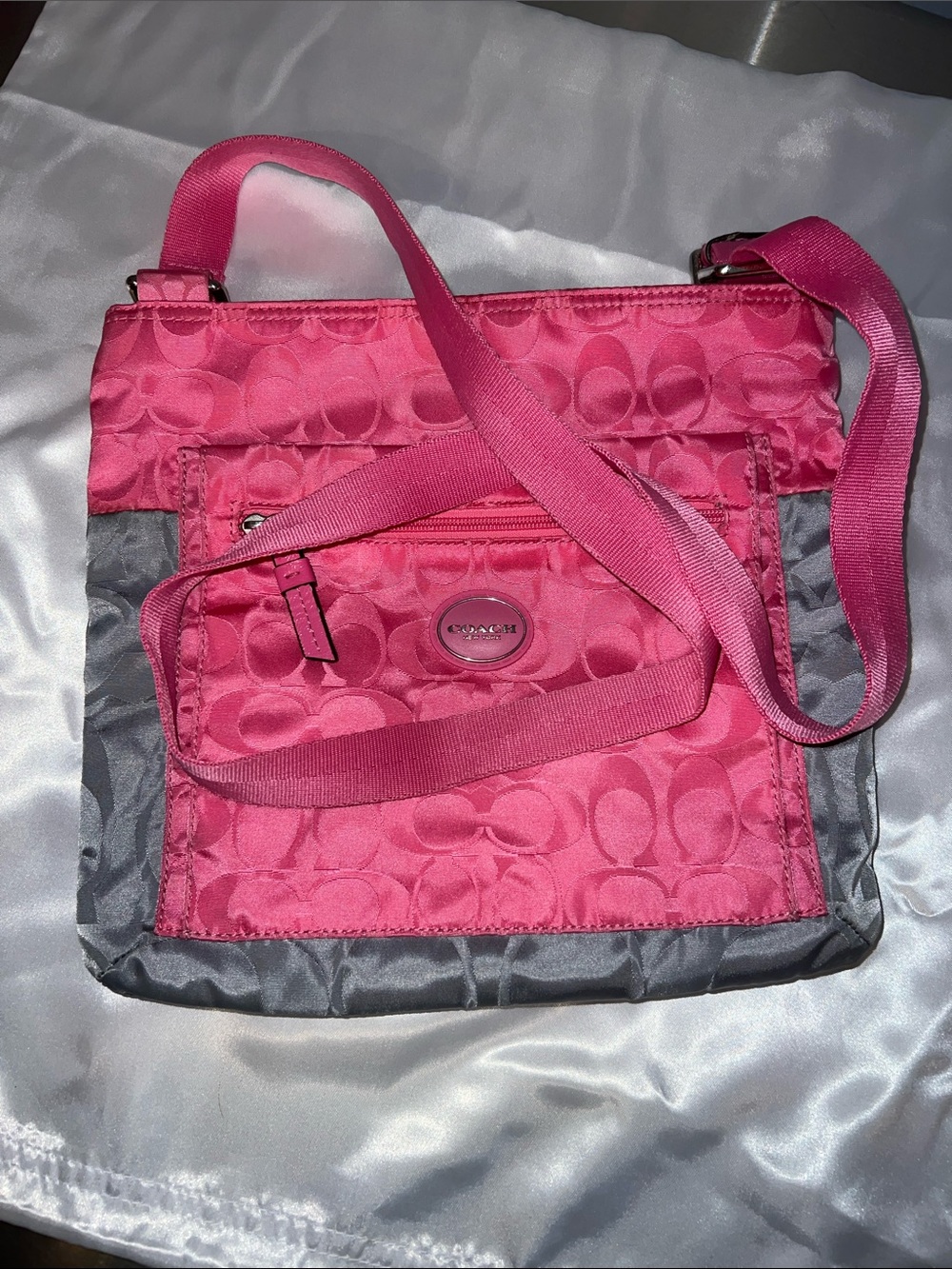Coach Hot Pink Signature Nylon Crossbody with Gray Trim